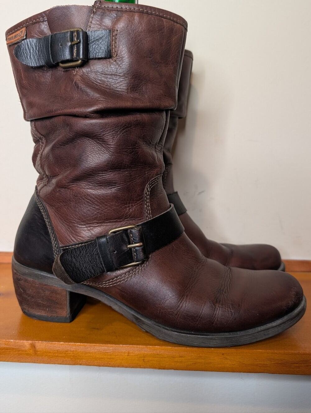 PIKOLINOS Brown Leather Mid-Calf Slouch Boots with Black Buckle Straps 38